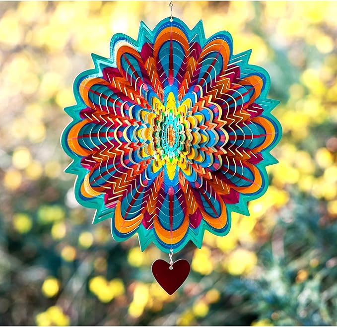 SteadyDoggie Wind Spinner Mandala Flame 12 inches - 3D Stainless Steel - Laser Cut Metal Art Geometric Pattern - Yard Spinners Outdoor - Hanging Wind Spinner, Kinetic Yard Art Decorations