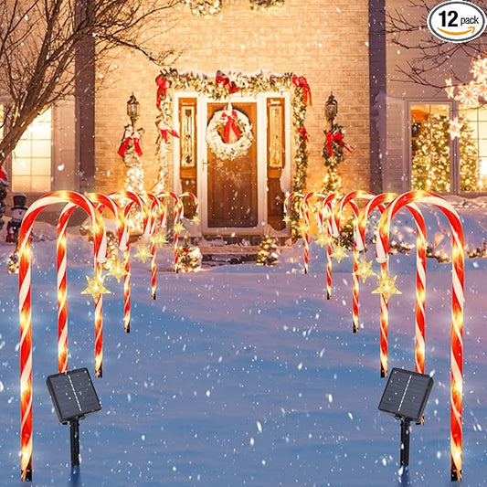 22" Candy Cane Lights Outdoor Pathway 2PK 12 PCS Candy Cane Christmas Decorations 8 Modes Solar Candy Cane Lights with Star Total 15FT Christmas Pathway Lights Outdoor for Xmas Yard Garden Walkway