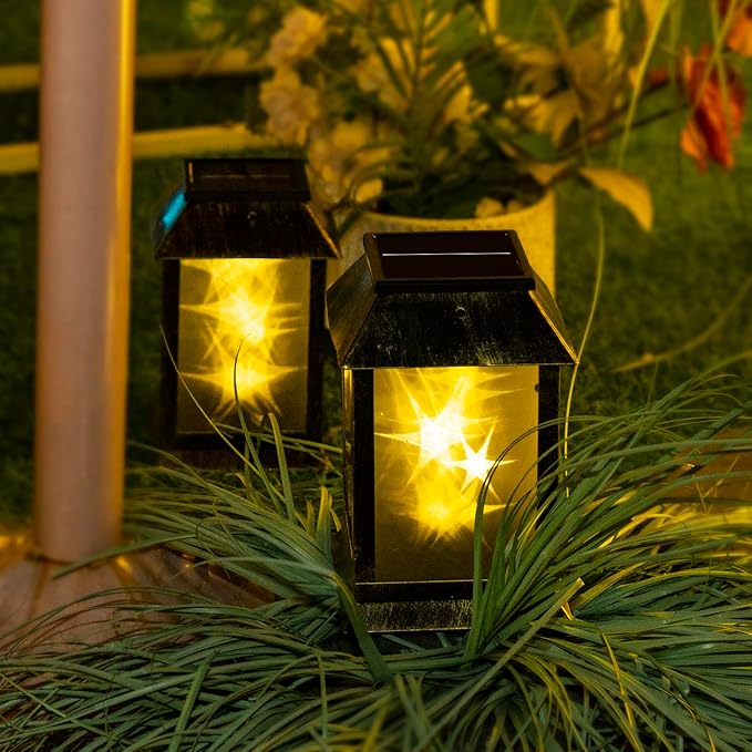 Solar Lanterns Outdoor Waterproof, 3D Hanging Solar Lights, Type-C Rechargeable LED Solar Pathway Lights with 2 Modes (Steady & Flashing), for Garden Decor, Patio, Yard, Camping (1 Pack )