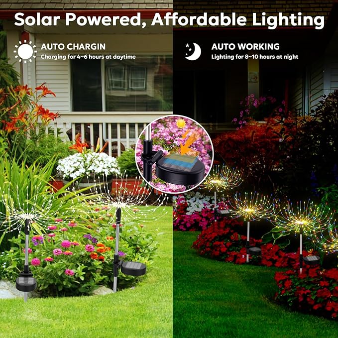Colorful Solar Garden Lights Outdoor Waterproof Firework Light Solar Powered 200 LED Sparkles Landscape Fairy Light Outside Decorations for Yard Patio Pathway Lawn Party Decor, 6 Pack