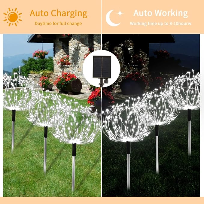 Solar Garden Fairy Lights 4 Pack 120 LED 30 Copper Wire Outdoor Firework Landscape Path String Lights Waterproof 8 Lighting Modes Remote Control for Backyard Christmas Party Decorative (White)