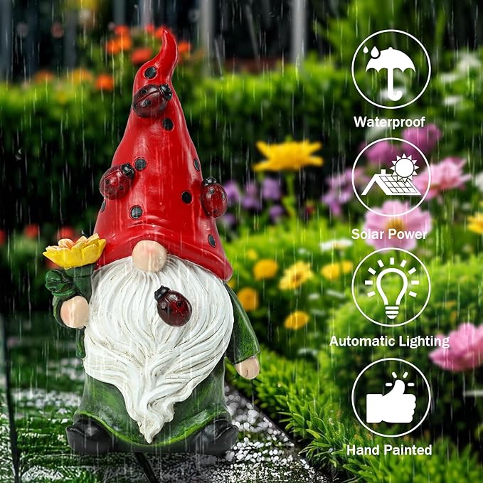 Garden Gnome Statue, Resin Sunflower Ladybug Gnome Figurine with Solar Lights for Porch Patio Yard Outdoor Decor