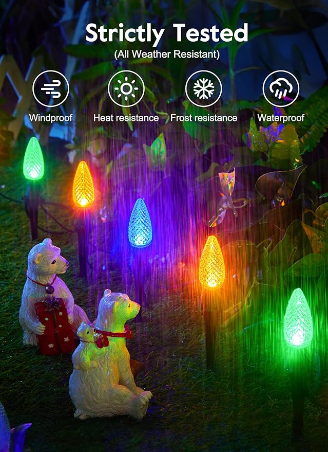 C9 Christmas Pathway Lights Outdoor, 25.7 Feet 20 LED C9 Strawberry Walkway Lights with Marker Stakes, Connectable Shatterproof C9 String Lights for Outside Yard Decorations, Multicolored, 4 Pack