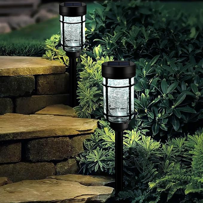 Solar Pathway Lights 2 Pack, Color Changing+Cool White LED Solar Lights Outdoor, Waterproof Lighted Crackle Glass Stake for Garden Path Walkway Backyard Lawn Landscape Decoration
