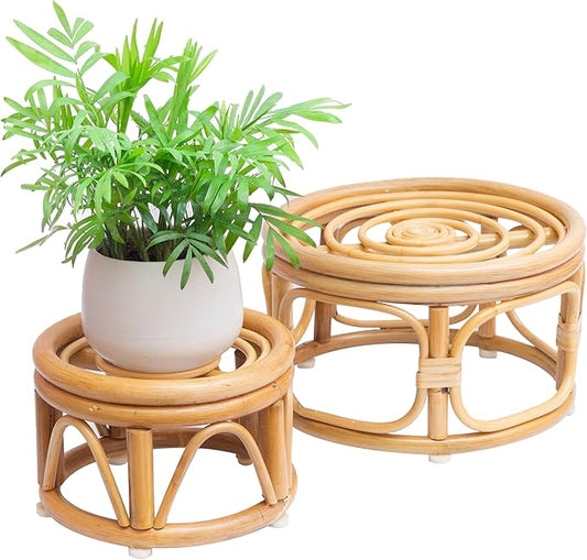 Set of 2 Boho Rattan Woven Round Decorative Risers Plant Stands Indoor, Mid Century Minimalist Modern Plant Stand, Wicker Short Plant Stand Holder Suitable Fits 8'' and 12'' Pots