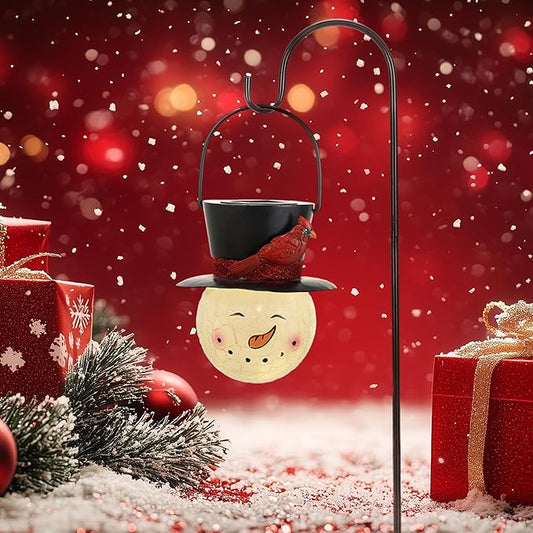 TERESA'S COLLECTIONS Outdoor Christmas Decorations for House, 36'' Snowman Glass Solar Lantern Stake with Black Cardinal Hat, Xmas Solar Christmas Lights for Garden Party Decor