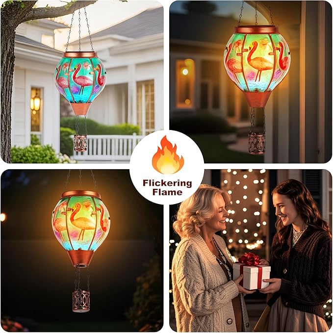 Flamingo Solar Hot Air Balloon Lantern,Outdoor Decor with Flame Lights Waterproof, Hanging for Garden Yard Lawn Patio, Unique Gifts for Women Mom Grandma Gardener for Mother'Day Christmas
