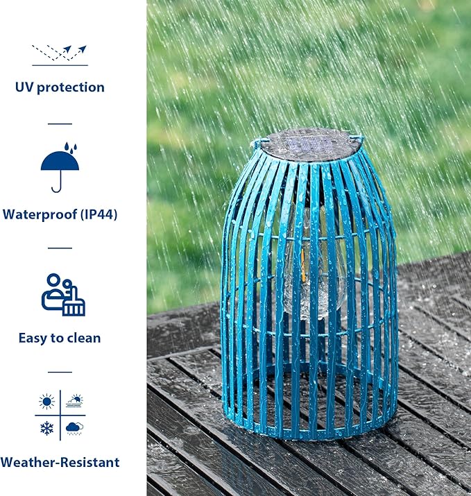 Set of 2 Solar Lantern Outdoor Waterproof Hanging Metal Birdcage Shaped Lantern Decorative Solar Light for Garden Yard Patio Porch, Blue