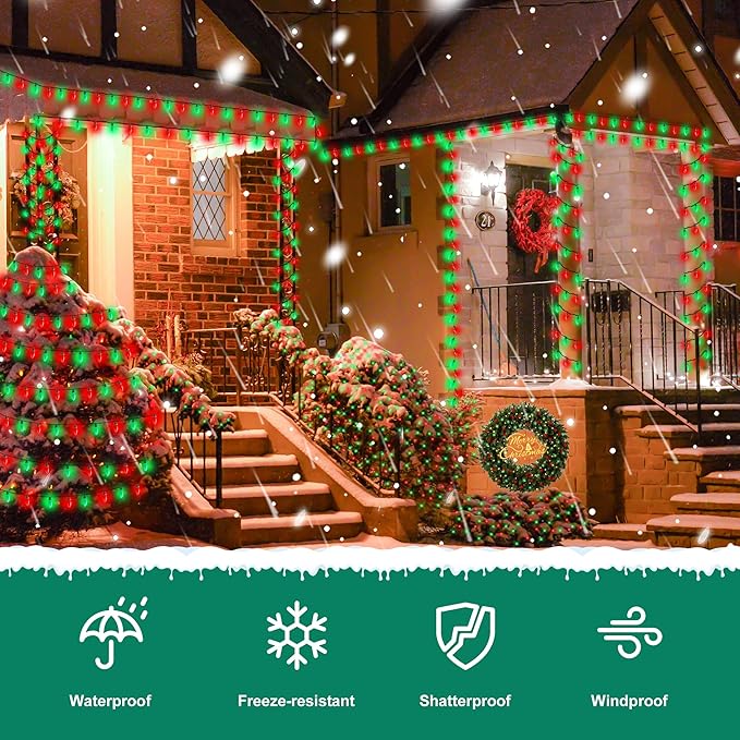 C9 Bulbs Classic Christmas Lights - 50 LED 32ft Strawberry String Light Red&Green - Extendable 8 Modes Funtion with Timer Fairy Lighting for Outdoor, Indoor, Party, Home, Tree Decorations