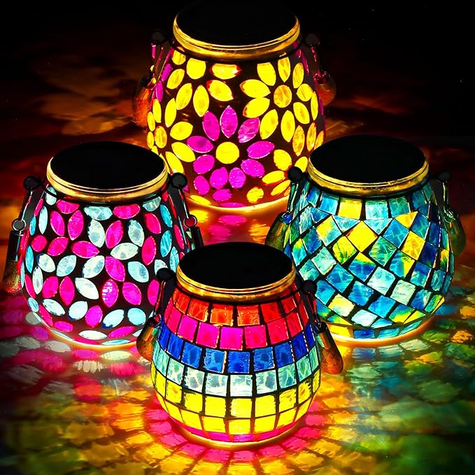 4 Pack Mosaic Solar Lights Outdoor Hanging Lanterns Waterproof Mosaic Lamp Decorative Solar Lanterns Night Lights for Garden, Patio, Yard, Holiday Party Decoration, 4 Pattern