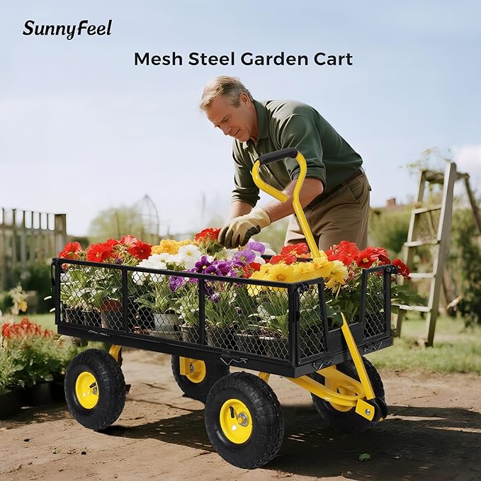 SUNNYFEEL 900 Lbs Capacity Heavy Duty Mesh Steel Garden Cart, Folding Utility Wagon with Removable Sides,10 Inch Flat Free Tires, Black & Yellow