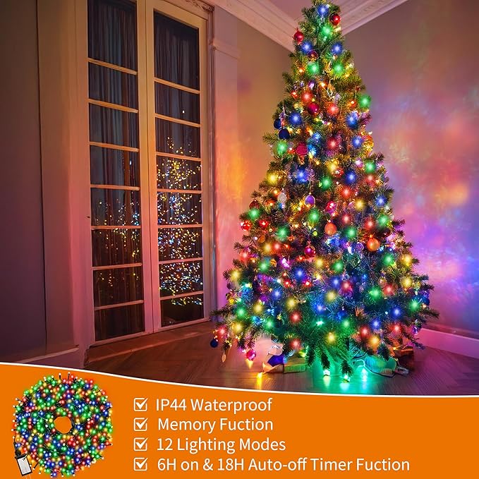 Christmas Tree Light 200 LEDs 73ft Green Cable Wire Fairy String Twinkle Lights Plug in 12 Modes for Xmas Party, Indoor,Outdoor, Garden, Wedding, Home Decoration (Multi Color)