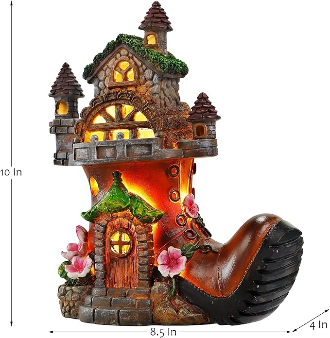 FORUP 10 Inch Fairy House Garden Statues with Boots, Fairy Garden Decor House Kit, Solar Powered Lights Garden Figurine for Outdoor Patio Lawn Yard Garden Decorations