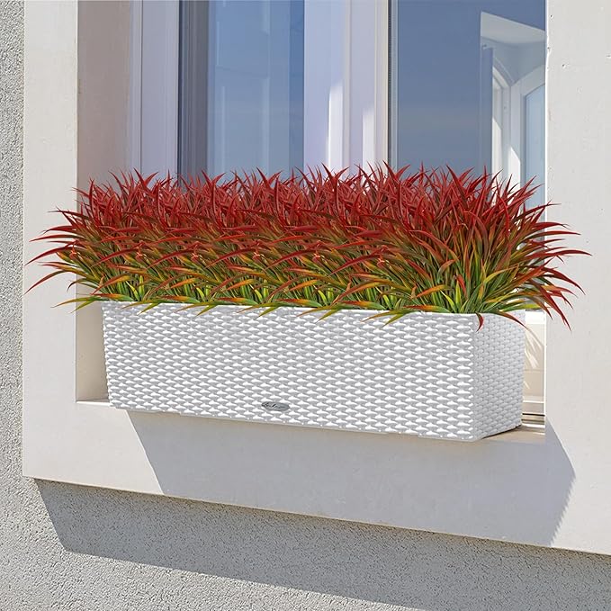 Ouddy Decor 16 Bundles Artificial Plants Outdoor Fake Grass Greenery Stems UV Resistant Faux Plastic Plants Shrubs for Autumn Home Garden Pathway Farmhouse Front Porch Harvest Thanksgiving Decor, Red