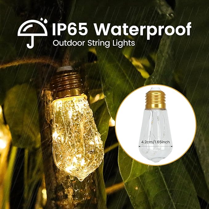 Solar Outdoor String Lights 2PCS 24FT Vintage Rope Hemp Solar Lights with 20 Shatterproof Bulbs,8 Modes Solar Powered Lights with Memory Function,Waterproof for Fence,Yard,Camping(Warm White)