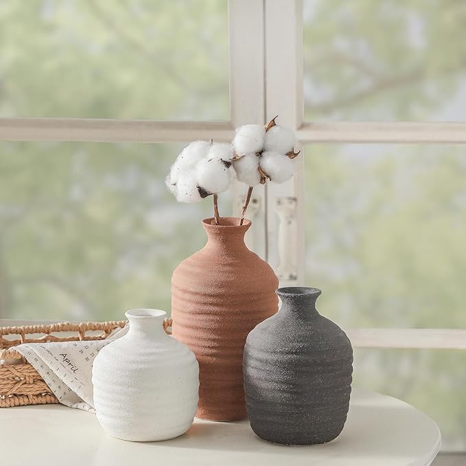 Ceramic Vase Set of 3 Decorative Vase for Home Decor Modern Farmhouse Decor Pottery Neutral Vases for Living Room Bathroom Table Mantel Fireplace Entryway Shelf (02-Brown)