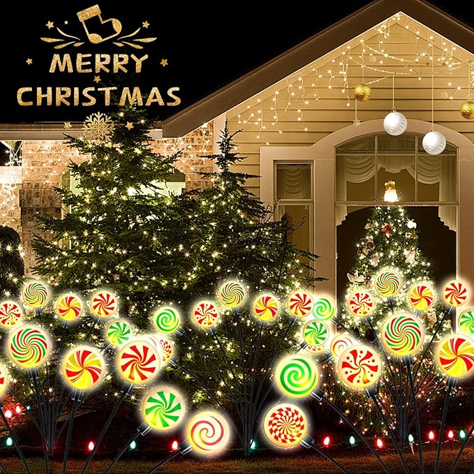 4 Pack 8 Patterns Christmas Decorations with 32 Lollipop Christmas Lights, Solar Christmas Lights Outdoor Waterproof with 8 Modes, Christmas Peppermint Candy Pathway Yard Decor for Garden/Lawn/Patio