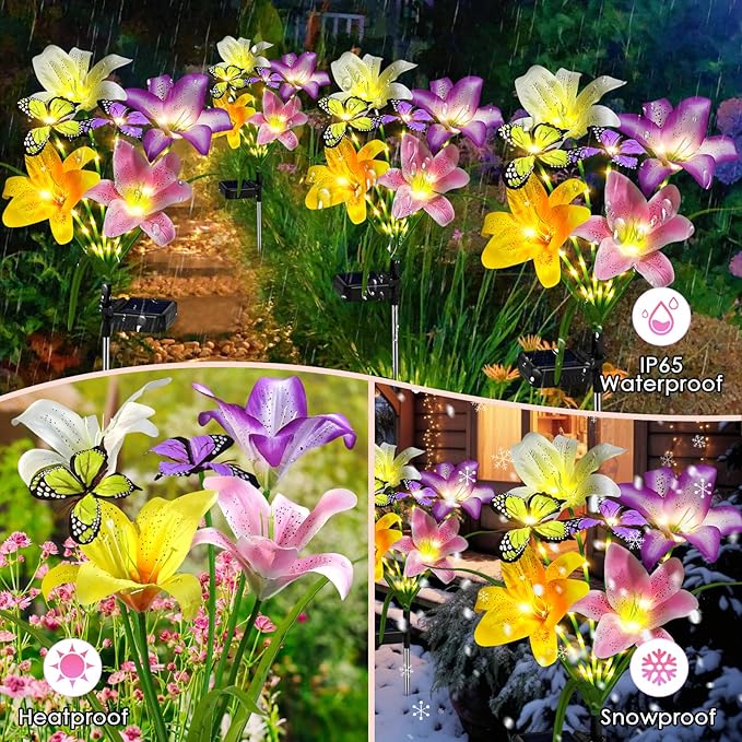 Solar Garden Lights Outdoor, 4 Pack Flower Lights for Outside, 16 Solar Lilies with Butterflies, Waterproof Garden Decor for Yard, Patio, Gifts for Women Mom (4 pcs Lilies)