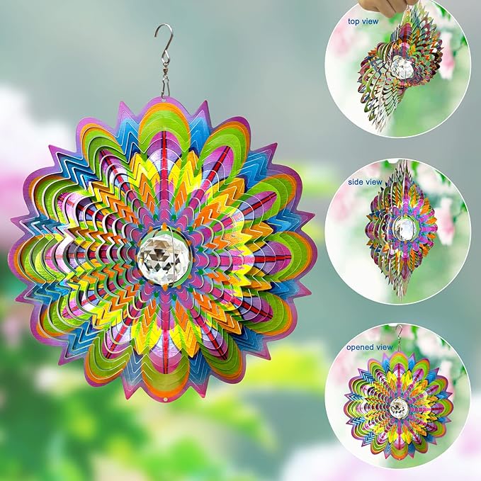 FONMY Mandala Wind Spinner w/Crystal Ball-Bloosom 3D Stainless Steel Suncatcher Hanging Spinners Worth Gift Christmas Decoration Indoor/Outdoor Garden Décor Kinetic Yard Art 12 Inches Wind Sculpture