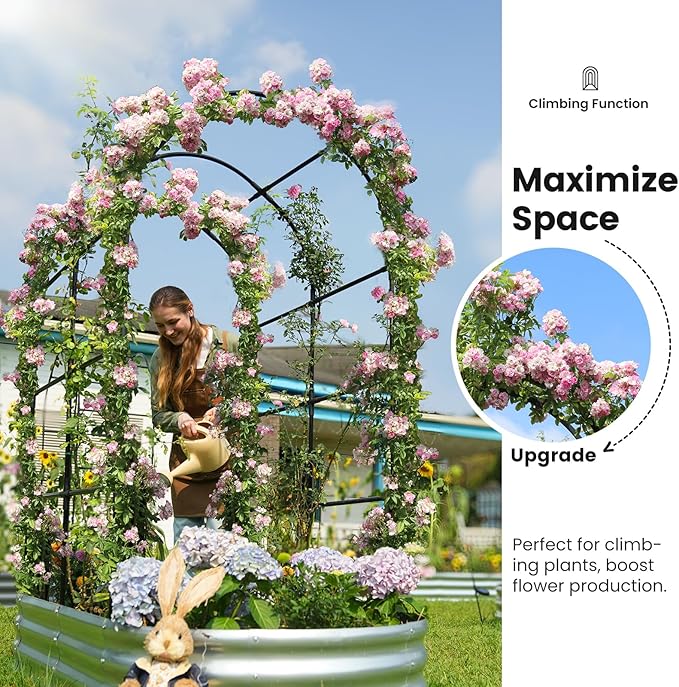 KING BIRD Raised Garden Bed with Arched Trellis Galvanized Planter Garden Box Outdoor for Gardening, Climbing Vegetables, Flowers 5.9x2.95x0.98 Ft, Silver