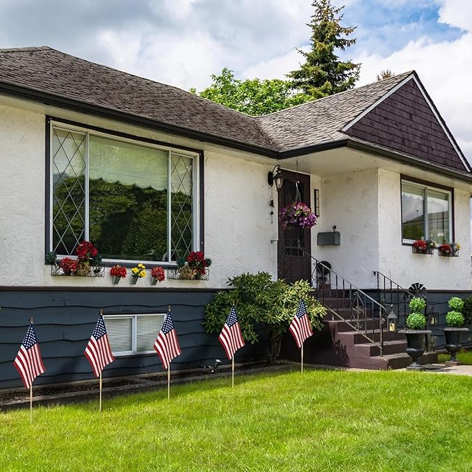 24 Pack 12x18 Inch American Flags For outside, US Flags with Kid-Safe Spear Top, Pluggable ground Multi-Purpose wood Flagpole , Patriotic Decorations, Memorial Day, 4th of July decorations,Independence Day Patriotic Holiday Yard Garden Flags