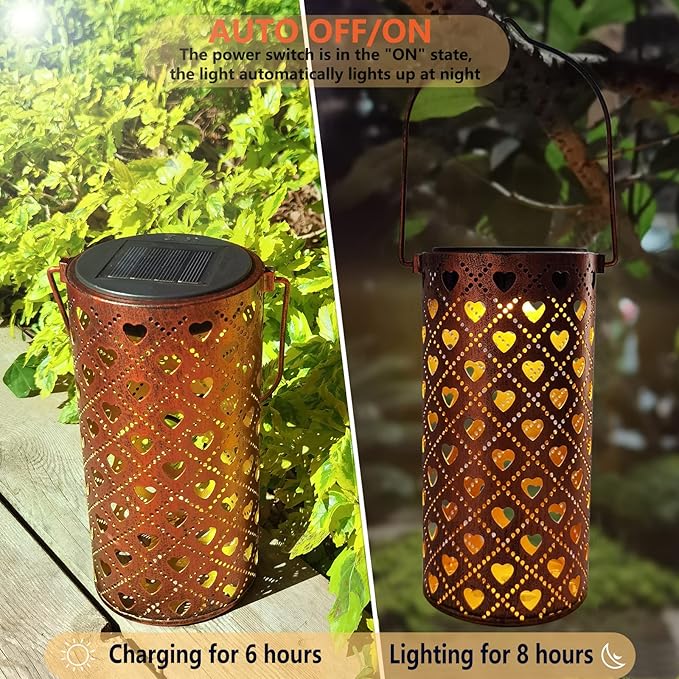 Solar Lanterns Outdoor Hanging Heart Pattern Decor Lantern,Waterproof Hollow Out Metal Decorative Garden Light,Graceful Decoration for Patio,Yard,Landscape,Walkway,Festival