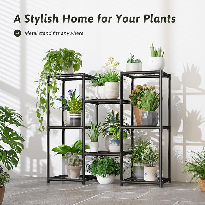 Plant Stand Indoor Outdoor Metal Plant Shelf 3 Tiers Corner Plant Rack for Multiple Plants Flower Holder for Patio Balcony Garden Black