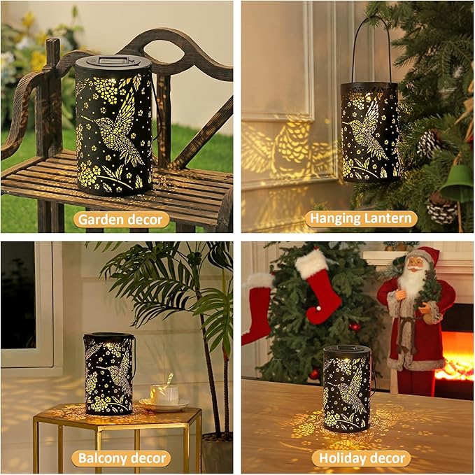 Hummingbird Solar Lantern Outdoor Hanging Waterproof LED Lights, Metal Bird Garden Decor for Yard, Patio, Lawn, Porch, Backyard, Christmas, Birthday Gifts for Women, Mom, Grandma, Outdoor Decoration
