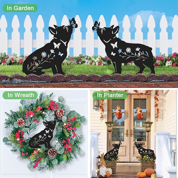 Pack 2 Dog Metal Garden Decor for Outside,French Bulldog Gifts for Women,Dog Silhouette Stakes,Garden Statues for Yard,Lawn,Pathway