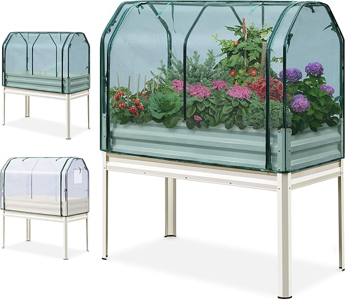 KING BIRD Raised Garden Bed with Cover & Netting Galvanized Elevated Large Planter Box with Legs 48×24×56 in for Backyard, Patio, Balcony, 400lb Capacity, Beige