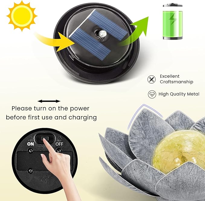 HPC Decor Solar Lights Outdoor Garden Decor - Art Crackle Globe Glass Lotus Decoration, Waterproof LED Metal Flower Lights for Outdoor Decor on Patio,Lawn,Walkway,Table,Perfect Gifts (Gray,11in)