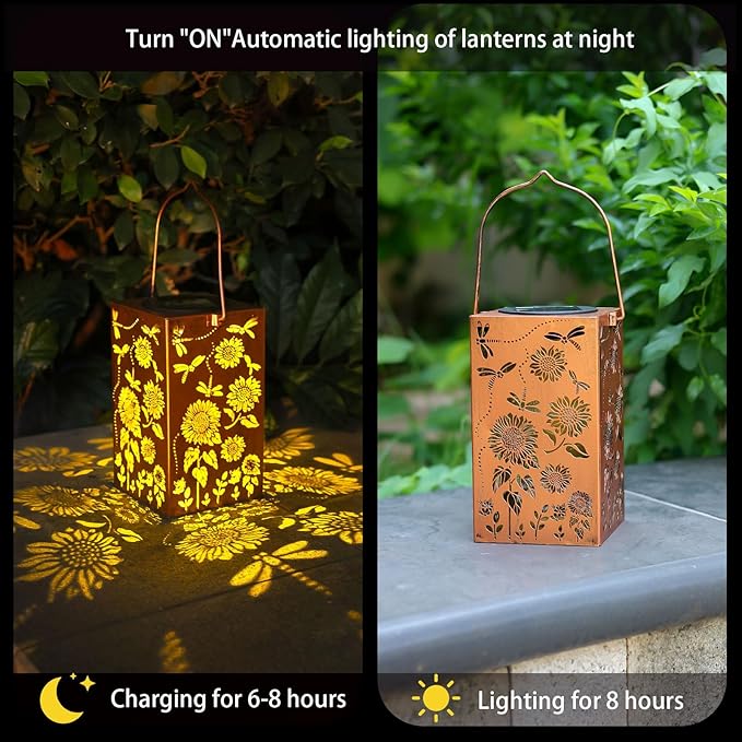 Solar Lanterns Outdoor Hanging Dragonfly Lantern Waterproof Decor Garden Metal LED Sunflower Christmas Lights Gifts for Mom Grandma Women Decorative Patio,Yard,Lawn,Balcony,House
