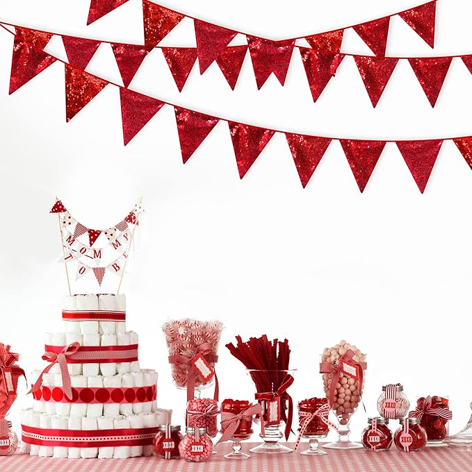 Red Party Decorations Double Sided Sequin Red Triangle Pennant Banner Flag Bunting Garland for Birthday Graduations Anniversary Wedding Engagement Bachelorette Valentines Bridal Shower Hen Party Decor