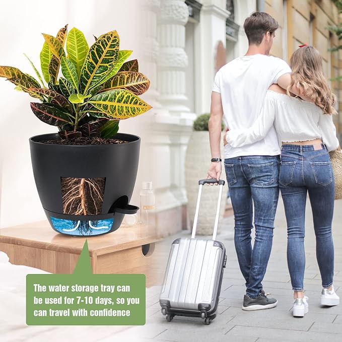 Large Self Watering Pots, 12/10/9 Plastic Planters with High Drainage Holes and Deep Reservoir for Indoor Outdoor Garden Plants and Flowers, Black