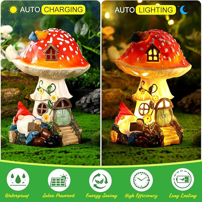 HyDren 100 Sets Garden Gnome Statue Set Mushroom House Solar Light Gnome Miniatures Figures Decor Fairy Resin Statues Garden Accessories for Yard Patio Lawn Outdoor Micro Landscape Ornaments