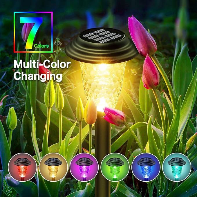 Solar Pathway Lights, 8 Pack Bright Color Changing/Warm White Solar Lights Outdoor Waterproof Solar Garden Lights, Outdoor Lights Solar Powered Landscape Path Lights for Yard, Walkway, Lawn