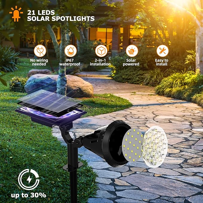 Solar Spot Lights Outdoor, 21 LEDs Solar Landscape Lights Auto On/Off with 3 Modes, IP67 Waterproof Solar Yard Spotlight Wall Lights, 2-in-1 Solar Outdoor Lights for Garden, Pathway, Pool