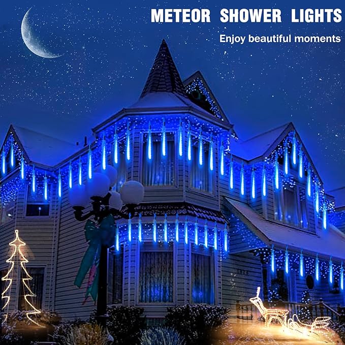 Christmas Meteor Shower Lights Outdoor - 12 Inch 10 Tube 360 LED High Brightness Falling Rain Icicle Cascading Lights for Xmas Tree Roof Eaves Patio Decor