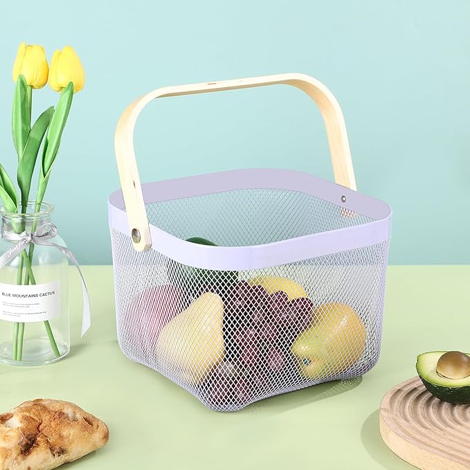 Metal Mesh Steel Basket, Storage Organizer Basket Multi-functional Hanging Kitchen Baskets Fruit Basket Bin with Bamboo Handle for Kitchen Bathroom Picnic Shopping Decor Cabinet Home, Purple