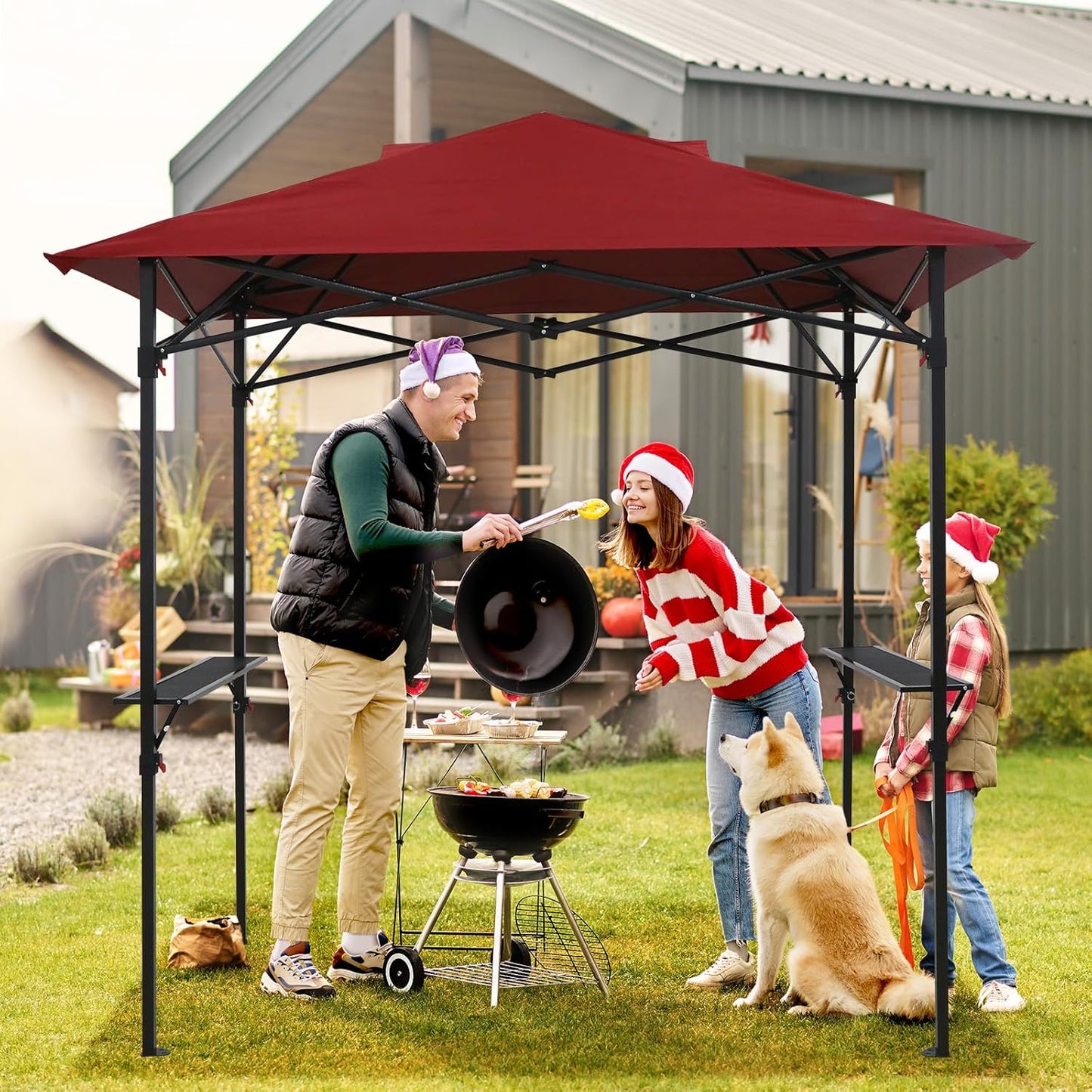 Outdoor Pop up Barbeque Grill Gazebo 8x5 with Carry Bag, Portable BBQ Canopy Tent with Handy Wired Shelf, Red