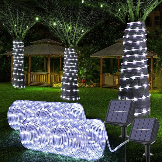 Solar Rope Lights, 2 Packs 66ft 200LED Solar String Lights, 8 Modes Waterproof Solar Powered Outdoor Lights, Flexible Clear Tube Light for Garden, Backyard, Patio, Deck, Porch, Pool,Tree Decor -White