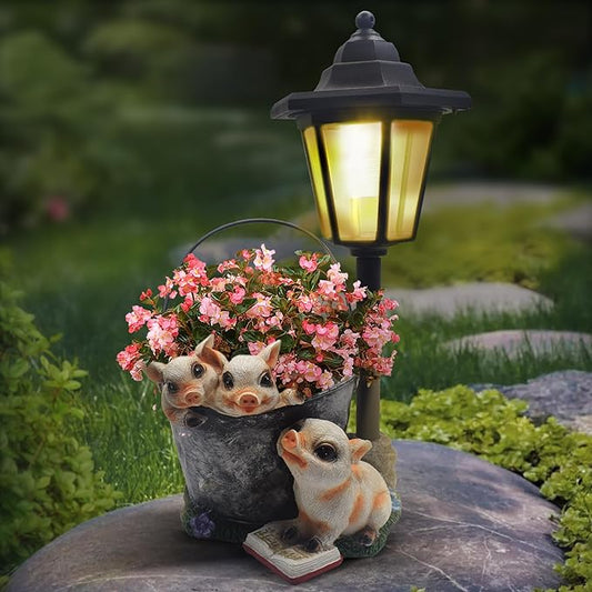 Outdoor Pigs Statues Solar Sculptures with Solar Lights and Flowerpot Funny Garden Decor Animal Figurines Resin Outdoor Statues for Patio Yard Lawn Balcony Gifts