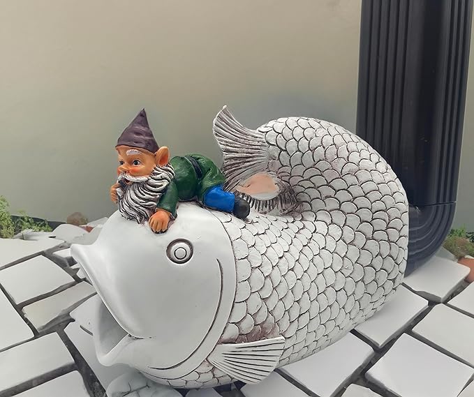 Gnome Fish Sculpture, Garden Animal Statue & Outdoor Decor, Eco-Friendly Resin Gutter Diverter Rain, Decorative Gutter Extension Downspout, Splash Block, Perfect for 3"x4" Downspouts