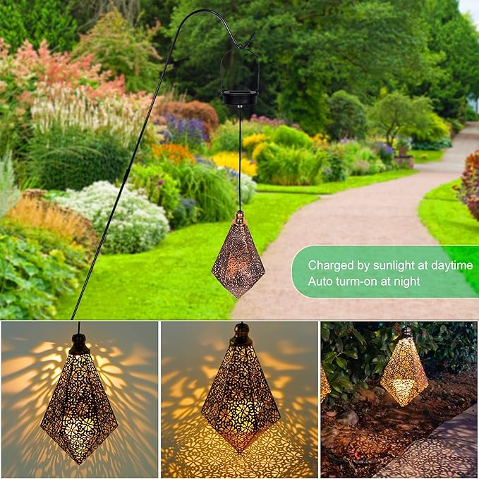 MAGGIFT 2 Pack Solar Hanging Lights, Solar Powered Retro Lantern with Handle, Warm White LED Christmas Garden Lights, Metal Diamond Shape Lamp Waterproof for Outdoor for Yard Tree Fence Patio