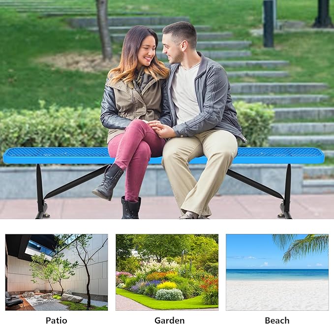 8 Feet Heavy Duty Metal Park Bench for Outside, Outdoor Bench with Portable Frame, Commercial Benches for Shopping Mall, Store, Park, Patio, Deck, Blue