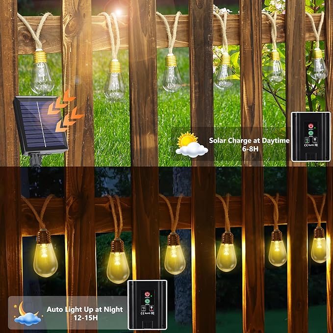 Colors Changing Solar String Lights Outdoor, 20Ft Vintage Rope Hemp Color Change Patio Lights, 16 Waterproof Shatterproof Bulbs Solar Light for Garden Yard Proch Wedding Party - Warm White & RGB