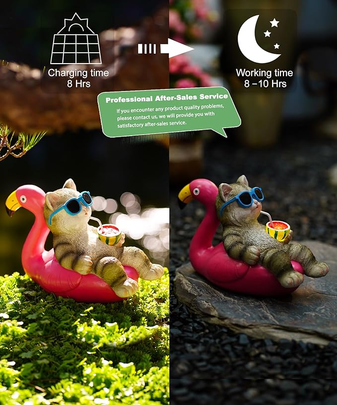 Cat Lying Flamingo Solar Statue: Outdoor Sculptures Clearance for Lawn Porch Patio Balcony Yard - Gifts for Mom Women