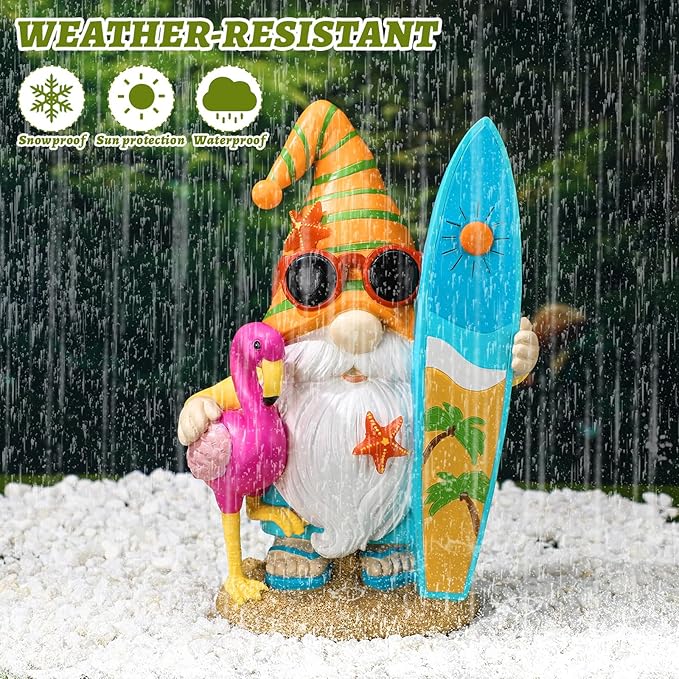 Funny Solar Gnomes Garden Decor Surfer Gnome Figurine with Flamingo Summer Beach Gnomes Solar Light Outdoor Funny Lawn Statue for Patio, Lawn, Yard, Porch,holiday Women Gift,9.1 Inch Tall