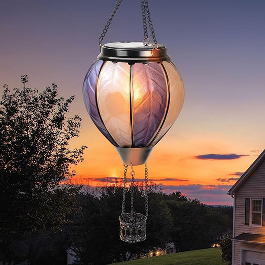 pearlstar Hot Air Balloon Solar Lantern with Flickering Flame Light Outdoor Solar Hanging Lights Waterproof for Garden Yard Farmhouse Outside Decoration,Stained Glass Blue and White