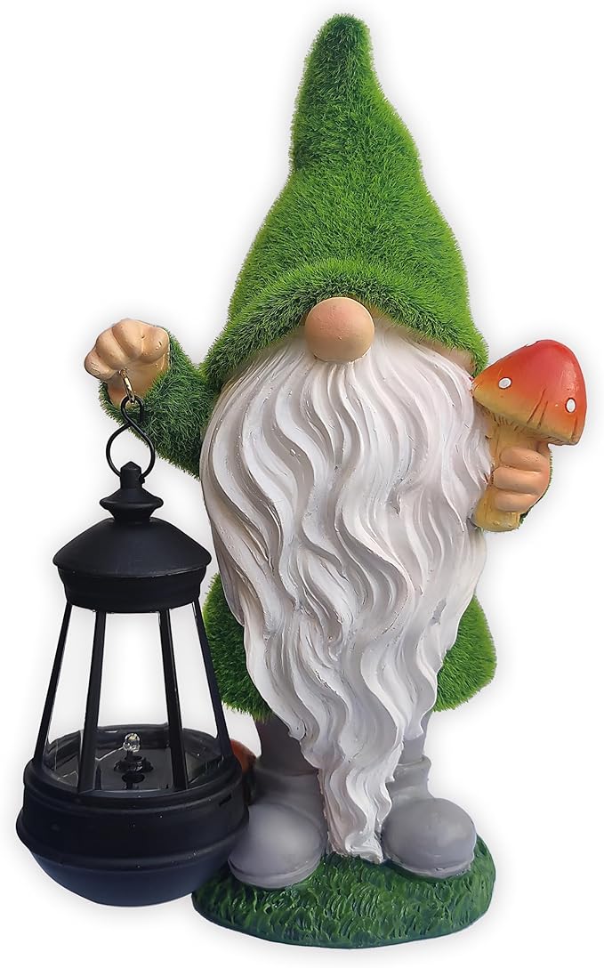Solar Gnomes Garden Statues,Resin Gnome Figurine Holding Mushroom and Solar Lights Lantern,Outdoor Yard Art Decorations for Garden Patio Lawn